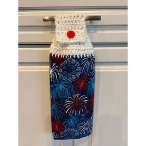 Crochet Top Kitchen Towel- Fireworks White topper red button